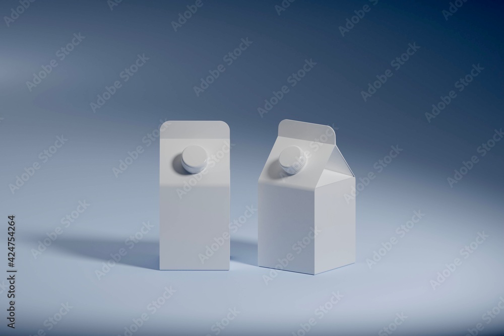 Obraz premium Cardboard packaging for milk, juice and other drinks. Retail package mockup. 3d render illustration isolated on blue background.