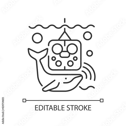 Acoustic recording package linear icon. Acoustic surrounding data provided from ocean enviroment. Thin line customizable illustration. Contour symbol. Vector isolated outline drawing. Editable stroke