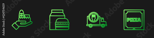 Set line Fast delivery by car, Online ordering and, burger and Pizza cardboard box. Gradient color icons. Vector