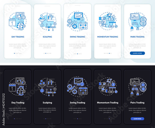 Trade styles onboarding mobile app page screen with concepts. Scalping, momentum type walkthrough 5 steps graphic instructions. UI, UX, GUI vector template with linear night and day mode illustrations