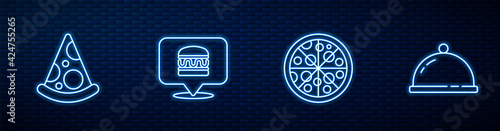 Set line Pizza, Slice of pizza, Online ordering burger delivery and Covered with tray food. Glowing neon icon on brick wall. Vector