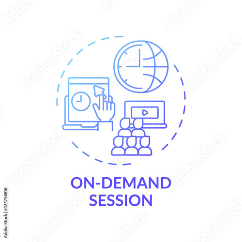 On-demand session concept icon. VE content idea thin line illustration. Hosting global audience. Supplemental materials. Delivering and receiving content. Vector isolated outline RGB color drawing