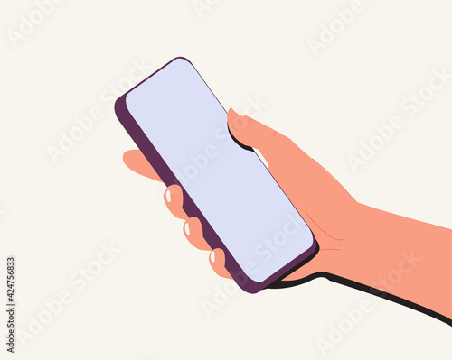 Holding mobile phone in hand. Phone side mockup. Editable smartphone template vector illustration on isolated background