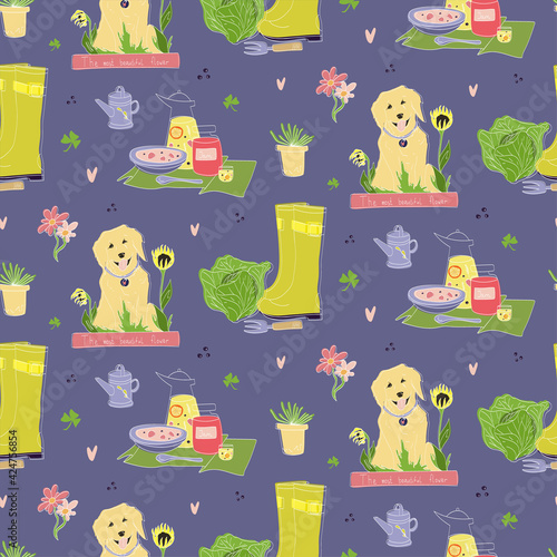 Vector summer in the countryside pattern attributes such as golden retriever dog, picnic with lemonade and berries, cosmos flowers, matricaria, home made ice cream and rubber boots.