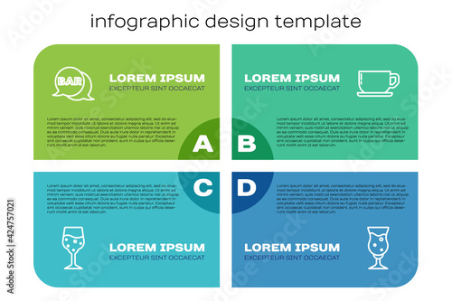 Set line Glass of champagne, Street signboard with Bar, beer and Coffee cup. Business infographic template. Vector