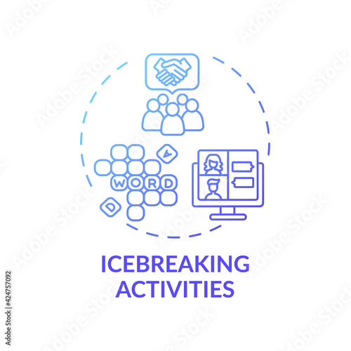 Ice breaking activities concept icon. Virtual events success idea thin line illustration. Networking meetup. Group games. Making participation effective. Vector isolated outline RGB color drawing