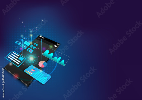 Technology with Smartphone digital logo.Abstract cyber security and fingerprints blue light.Mobile app,innovation,digital technology, program developers.Vector modern technology and Internet things.