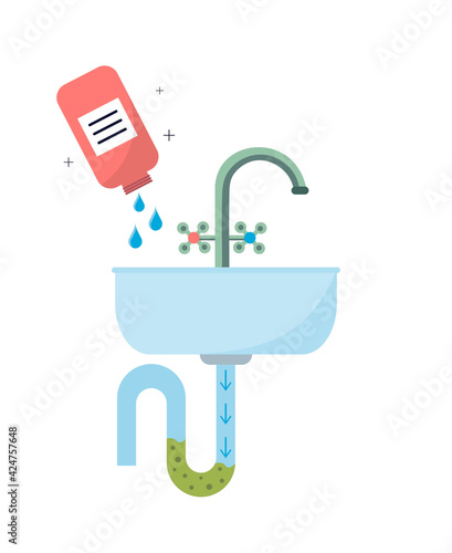 Blockage of pipe. Sink in the bathroom or kitchen. Broken sewer system. Sewerage cleaning. Cleaning the blockage in the pipe with a cleaning agent. Flat vector illustration on isolated background.