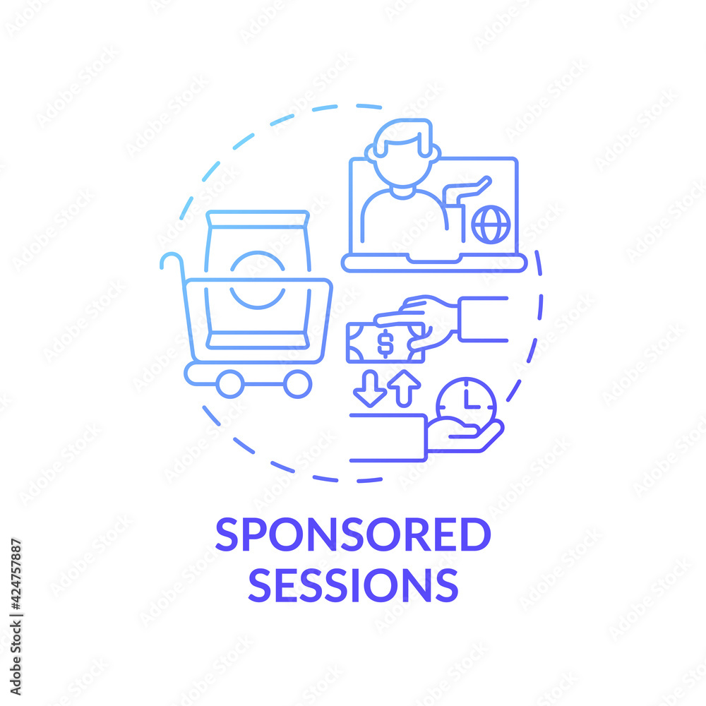 Sponsored sessions concept icon. Sponsorship virtual events idea thin line illustration. Reaching global audience. Live sessions. Social media reach. Vector isolated outline RGB color drawing Sponsored sessions concept icon. Sponsorship virtual events idea thin line illustration. Reaching global audience. Live sessions. Social media reach. Vector isolated outline RGB color drawing