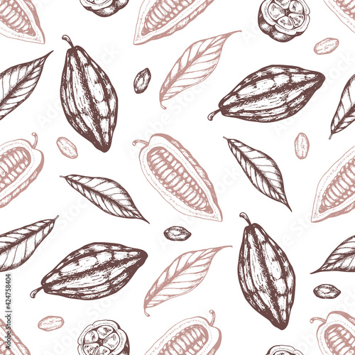 Seamless pattern with cocoa beans and leaves