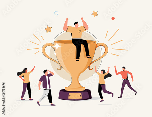 Vector illustration, gold cup trophy symbol icon in flat style, team support and work. Cheerful People Characters