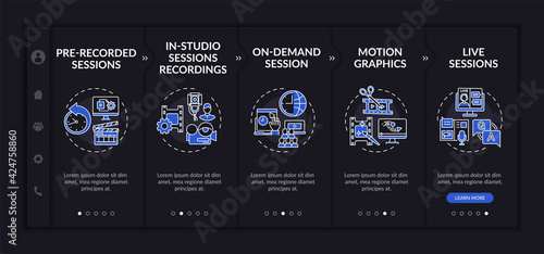 Online meeting content onboarding vector template. Responsive mobile website with icons. Web page walkthrough 5 step screens. Recorded, on-demand session night mode concept with linear illustrations