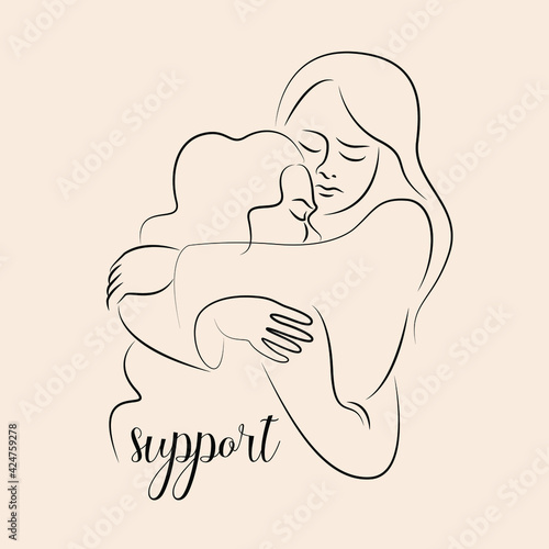 A minimalistic linear depiction of two women in each other's arms, which means support and spiritual help. Hand drawing. Light beige background 