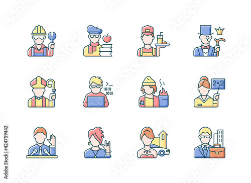 Social status RGB color icons set. Lower and upper class. Political elite. Intelligentsia, aristocratic group. Computer expert. People of social classification. Isolated vector illustrations