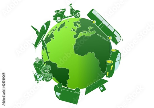 Transporte verde para cuidar el planeta Tierra, coche, moto, autocar, autobús,  avión, tractor, camión, barco, embarcación
