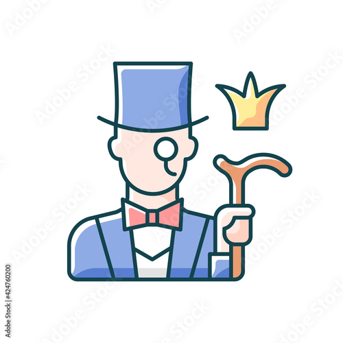 Aristocratic elite RGB color icon. Posh gentleman with monocle. Rich person, wealthy victorian man. Upper social class. Society classification, group member. Isolated vector illustration