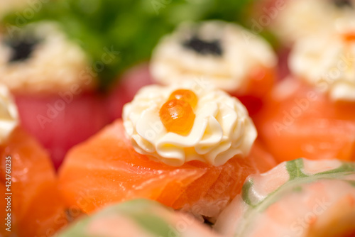 macro shot of sushi with caviar