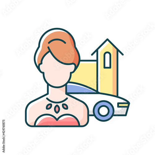 Upper class RGB color icon. Woman of high status in society. Luxury lifestyle. Party for wealthy, rich person. Social classification, group type member. Isolated vector illustration