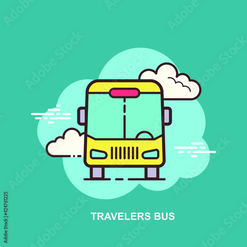 Traveler bus front view with white clouds on blue background flat concept design