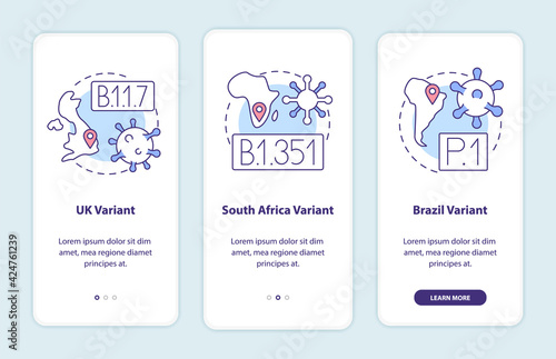 Virus types onboarding mobile app page screen with concepts. Uk variant of disease walkthrough 3 steps graphic instructions. UI, UX, GUI vector template with linear color illustrations