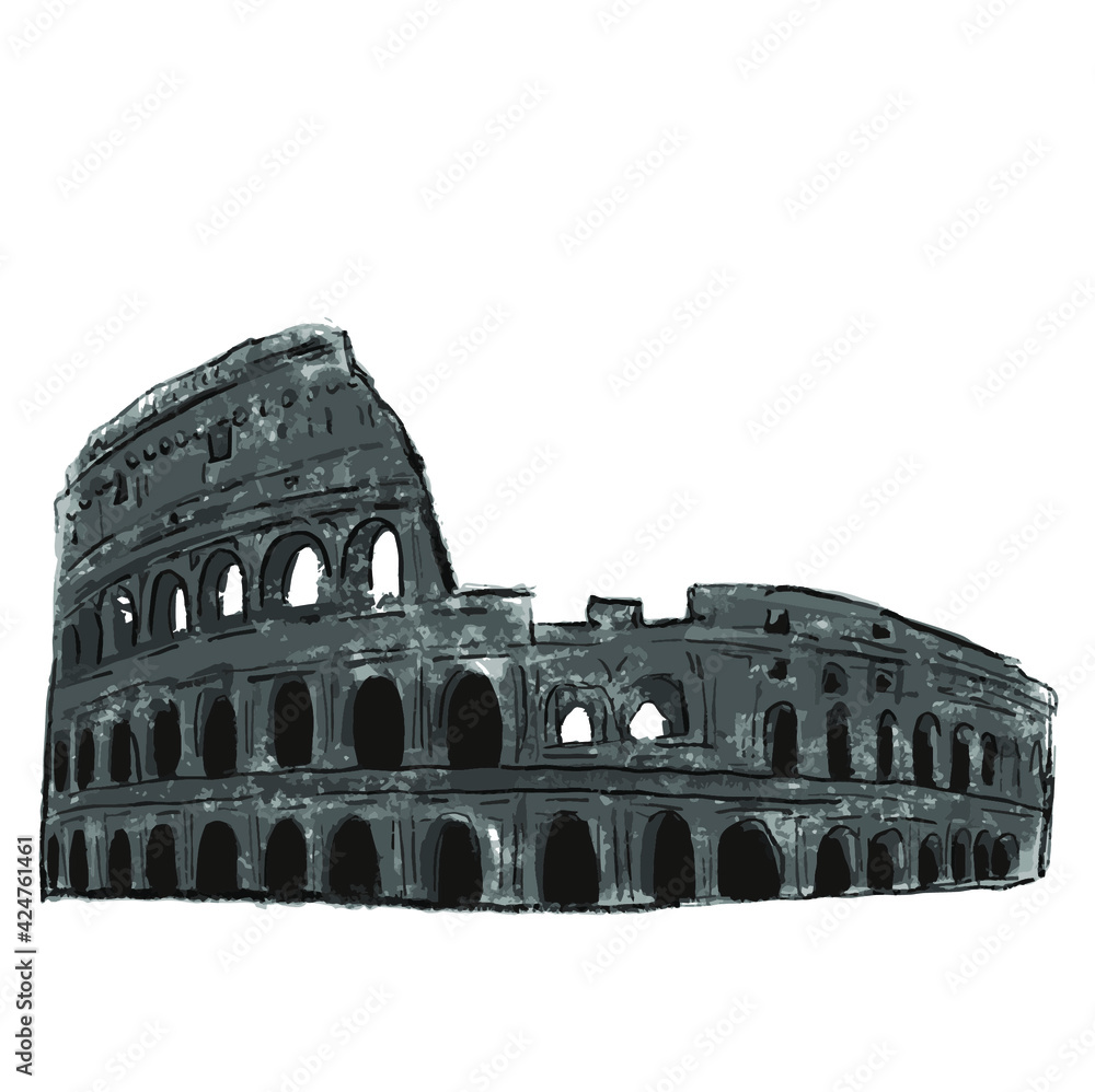 Colosseum, Rome, Italy. Hand drawing Colosseum,simple pencil sketching quick sketch. Illustration on white background. Isolated. For cards, posters, stickers  and professional design
