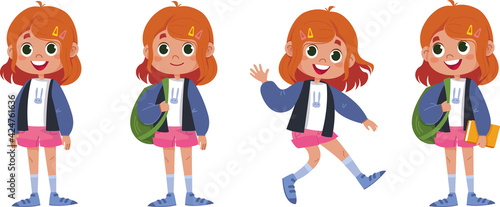 Child in different poses about learning, back to school. Vector and illustrator. Cute baby girl Character set. Schoolgirl with a backpack and books
