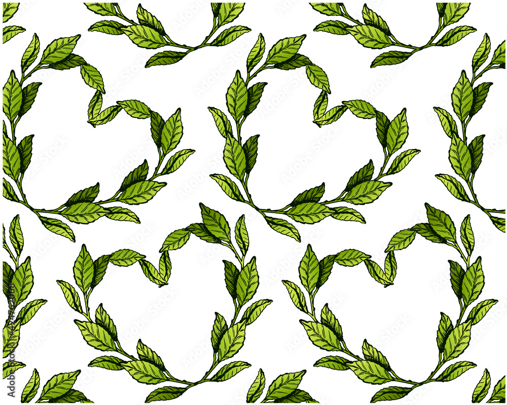 Engraved pattern of green tea leaves in heart shape isolated on white