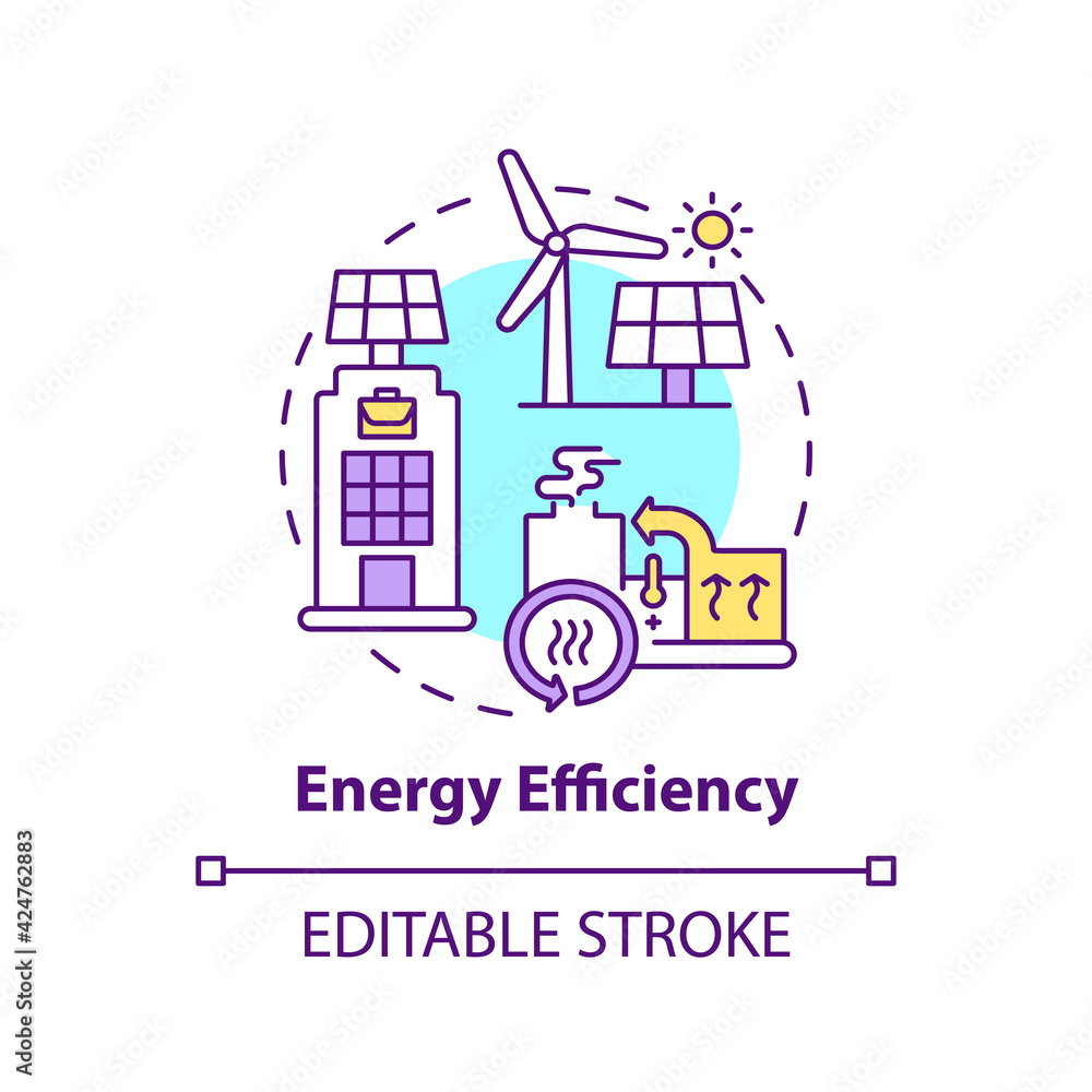 Energy efficiency concept icon. Office building requirement idea thin line illustration. Achieving high-performance. Zero energy place. Vector isolated outline RGB color drawing. Editable stroke