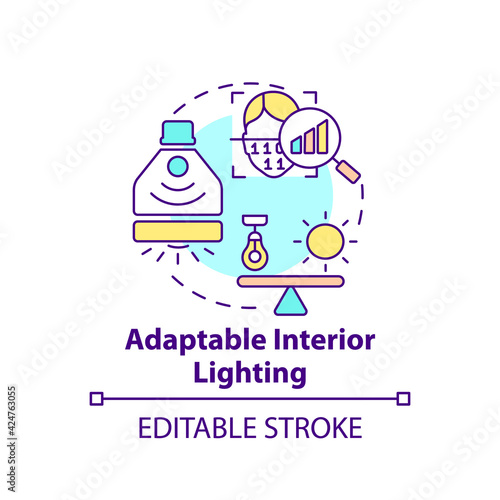 Adaptable interior lighting concept icon. Smart office idea thin line illustration. Recognizing preference. Ensuring light for employees. Vector isolated outline RGB color drawing. Editable stroke