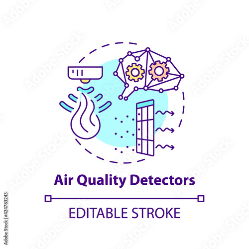 Air quality detectors concept icon. Smart office idea thin line illustration. Air-conditioning, ventilation. Temperature, humidity condition. Vector isolated outline RGB color drawing. Editable stroke