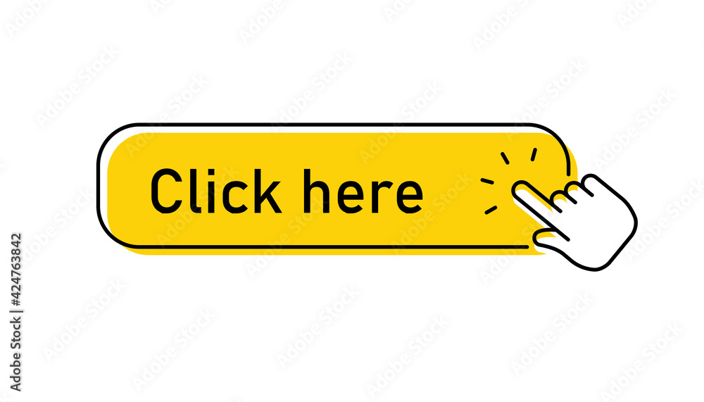 Click here button with hand pointer clicking Click here button with hand pointer clicking