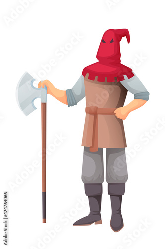 Medieval executioner with axe character. Hangman standing with weapon in Middle Ages period vector illustration. Man in hood clothing ready to execute isolated on white background.