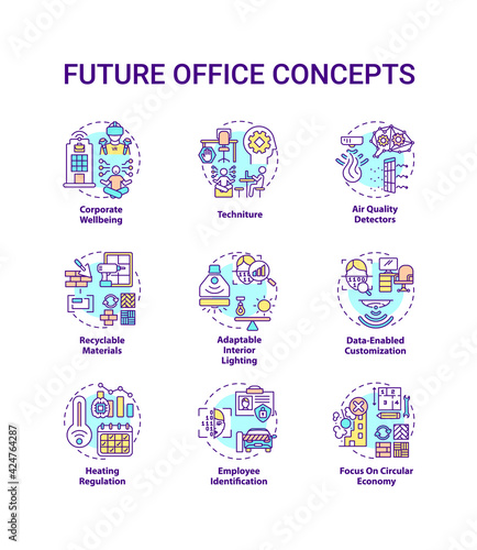 Future office concept icons set. Corporate wellbeing idea thin line RGB color illustrations. Techniture. Air quality detectors. Recyclable materials. Vector isolated outline drawings. Editable stroke