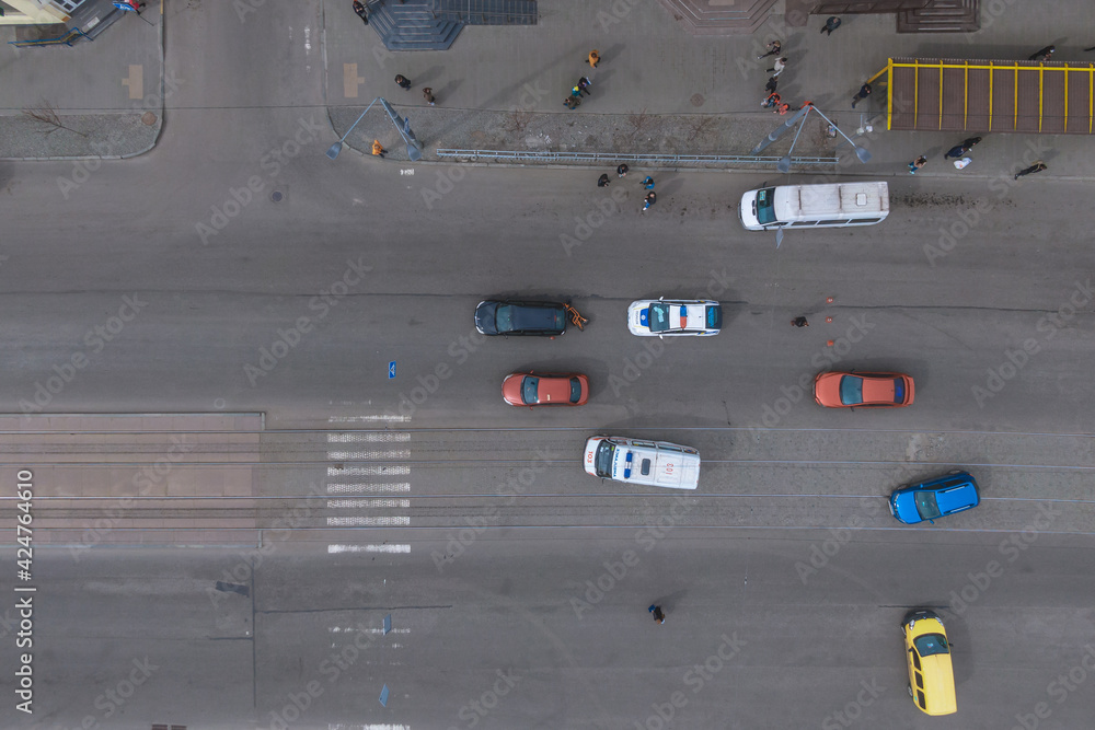 drone view
electric scooter crashed into a car on the road. road accident drone view
electric scooter crashed into a car on the road. road accident