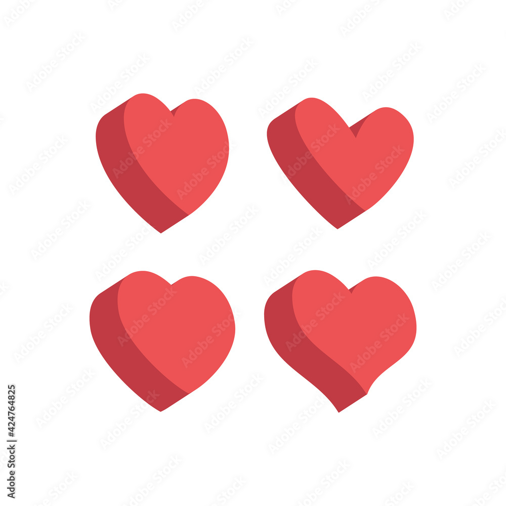 Heart flat 3d icon collection. Red hearts vector isometric illustrations.