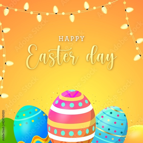 Happy Easter Day card with colorful traditional eggs and lights decorations