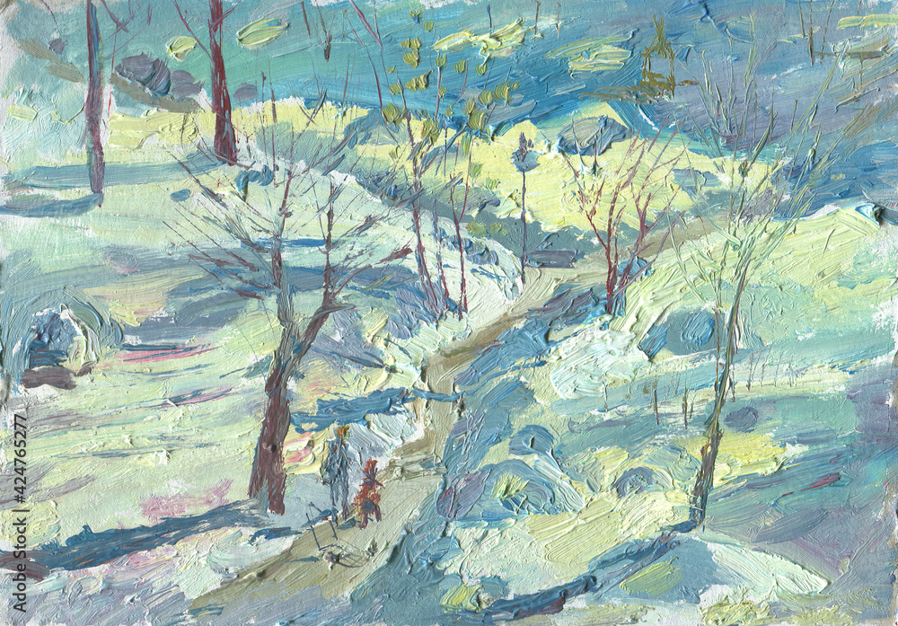 park in winter in snowdrifts painting 