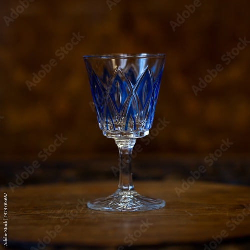 blue crystal antique engraved shot glass. glass retro shot