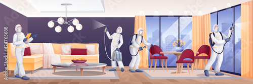Professionals disinfecting living room from coronavirus or insects. Cleaning protection and decontamination vector illustration. People in safety suits spraying chemicals indoor