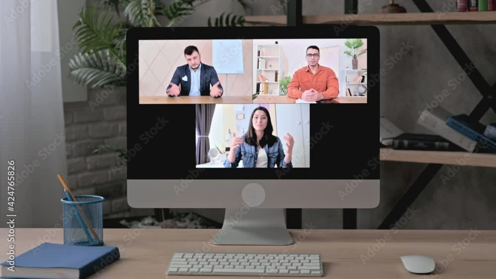 Video conference, online briefing, brainstorm. A computer monitor screen with many different multiracial business people communication by video call, discuss ideas and strategy,virtual meeting concept Video conference, online briefing, brainstorm. A computer monitor screen with many different multiracial business people communication by video call, discuss ideas and strategy,virtual meeting concept