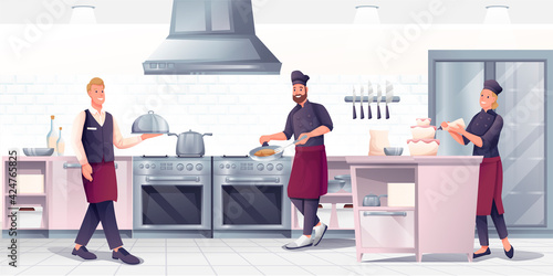 People cooking in restaurant kitchen. Professional crew preparing food, waiter with serving plate vector illustration. Horizontal panorama, culinary room interior background