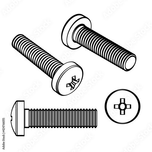 Set pan head cross recess screw. Vector illustration