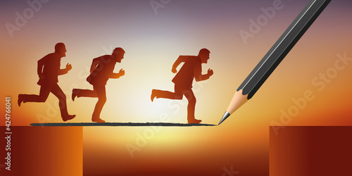 Concept of management and leadership in a company, with 3 men who run after success by crossing an obstacle, guided by power.