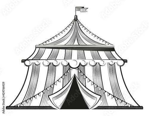 Classic circus tent. Carnaval construction in engraving style.