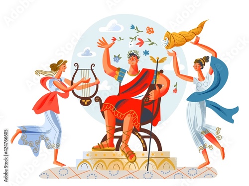 Ancient Roman empire emperor sitting, women playing music and dancing. Rome history and culture vector illustration. Young patrician in toga and sandals, girl plays on harp on white background