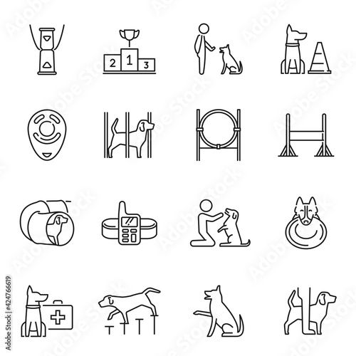 Monochrome dog training icon set vector illustration veterinarian center of domestic animal
