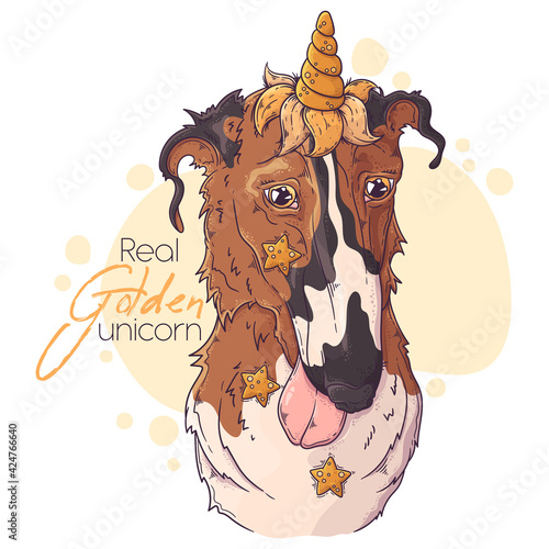 Hand drawn Borzoi dog with unicorn horn Vector. Isolated objects for your design. Each object can be changed and moved.