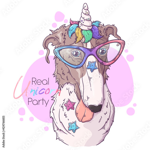 Hand drawn Borzoi dog with unicorn horn Vector. Isolated objects for your design. Each object can be changed and moved.