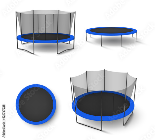 Collection realistic jumping trampoline vector illustration recreational or sport fitness equipment photo