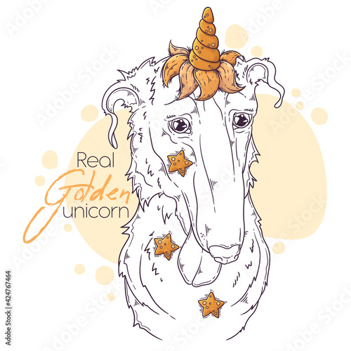 Hand drawn Borzoi dog with unicorn horn Vector. Isolated objects for your design. Each object can be changed and moved.